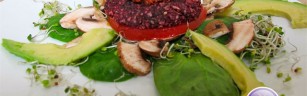 Raw Vegan Sunflower Veggie Burger on Spinach and Lettuce Bun