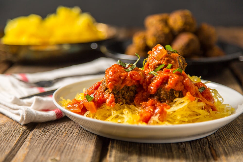 Spaghetti Squash with Vegan Mushroom Meatballs