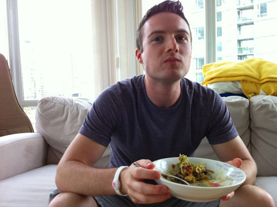 Caleb Chowing Down on his Rainbow Walnut Fiesta Salad