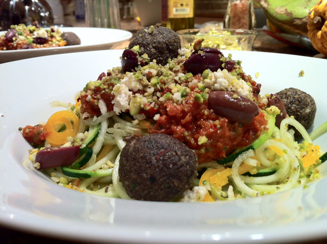 Mediterranean Raw Pasta with Fresh Olives Brazil Nut Pistachio Parmesan