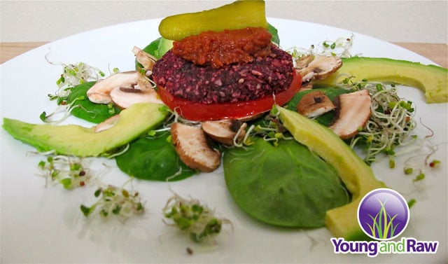 Raw Vegan Sunflower Veggie Burger on Spinach and Lettuce Bun